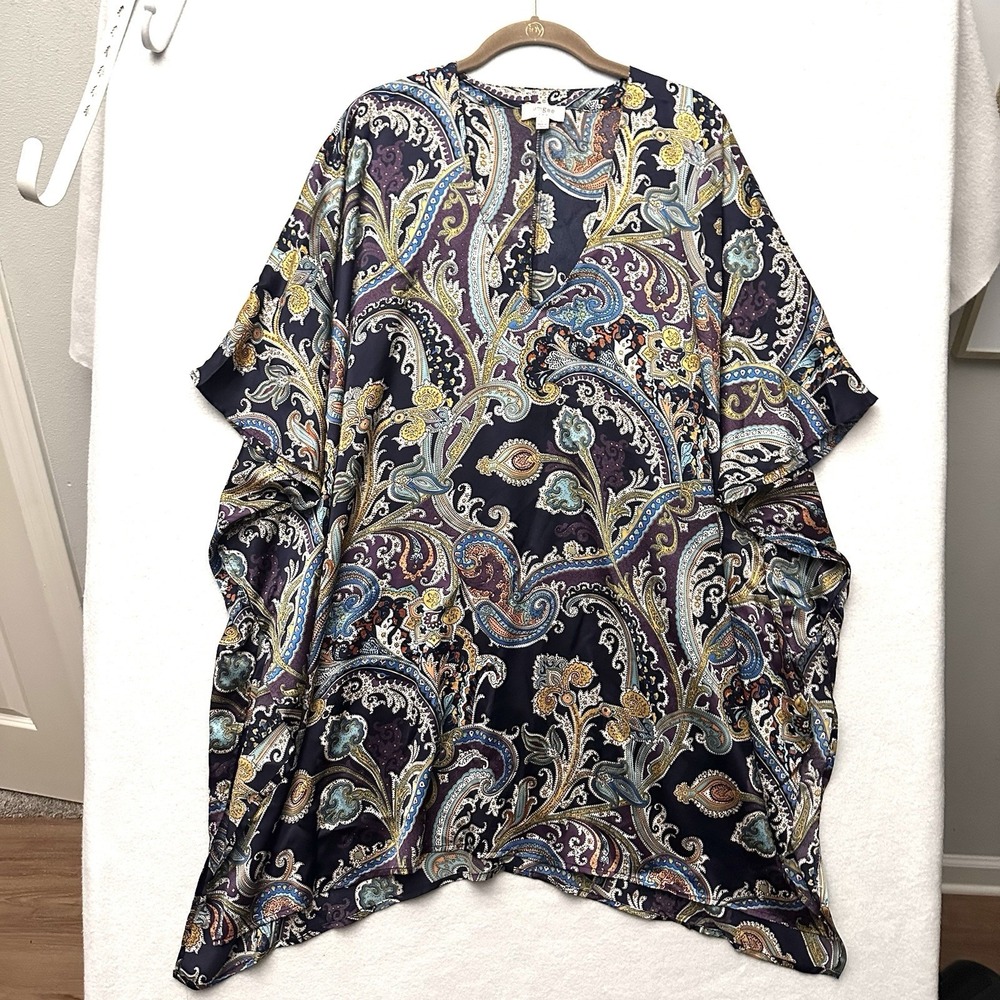 UMGEE Kaftan L Large‎ Purple Paisley Satin Blouse Top Kimono Flutter Sleeves